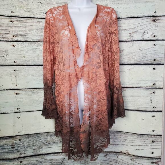 Voice of California Sweaters - Voice of California Women’s Lace Longline Cardigan Top Rust Sheer Boho L